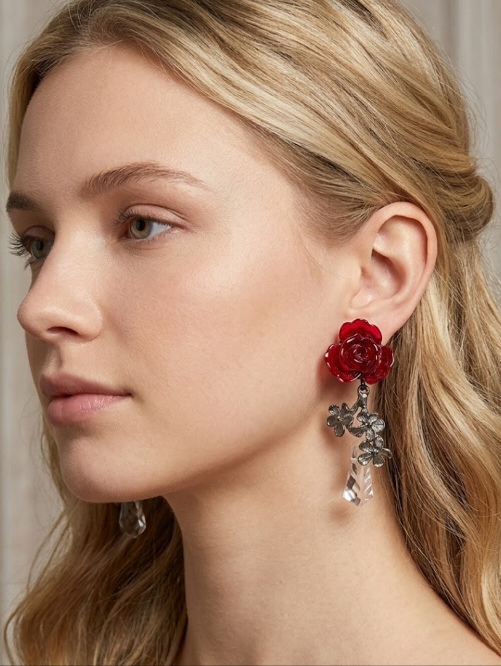 Vintage Stunning Red Rose Dangle Clip On Earrings Costume Jewelry